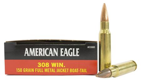 FEDERAL AMMUNITION 308 Win 150 gr FMJ Boat-Tail American Eagle Police Trade 20/Box