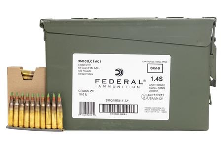 FEDERAL AMMUNITION XM855 5.56 62gr Stripper Clips Ammo Can 420 Rounds