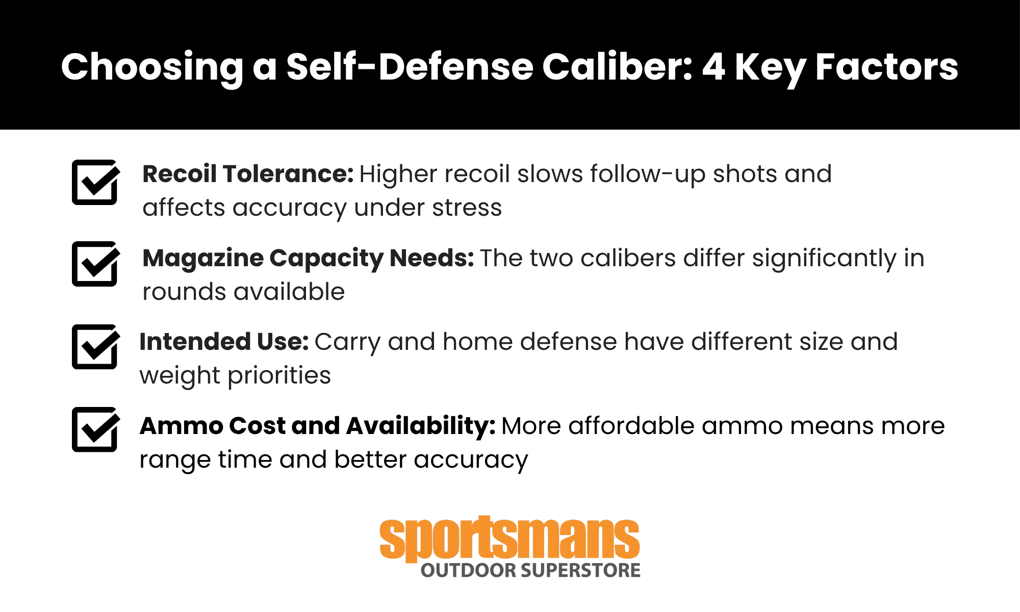 Choosing a self-defense caliber: recoil tolerance, magazine capacity needs, intended use, and ammo cost and availability.