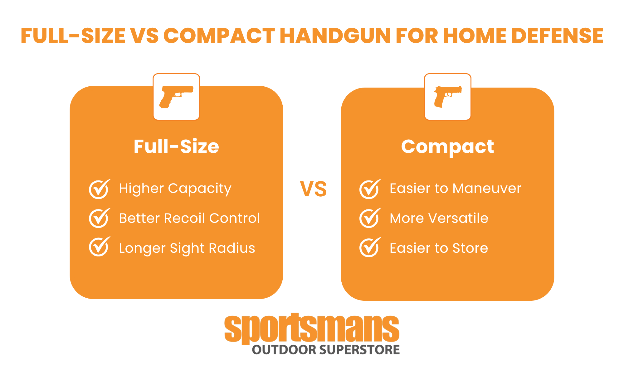 Full-size vs compact handgun for home defense: full-size offers higher capacity, better recoil control, and longer sight radius, while compact is easier to maneuver, more versatile, and easier to store.
