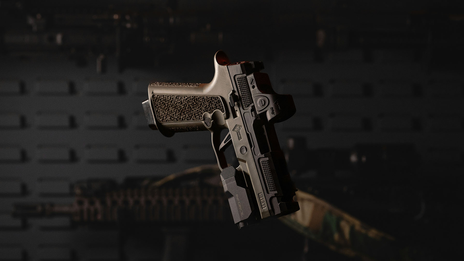handgun in front of gun rack
