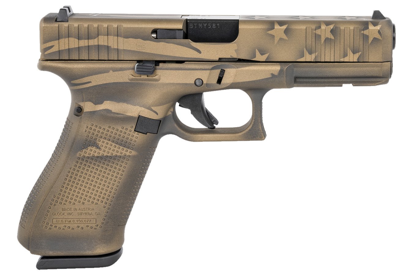 GLOCK 17 GEN5 9MM PISTOL WITH COYOTE BATTLE WORN FLAG CERAKOTE FINISH