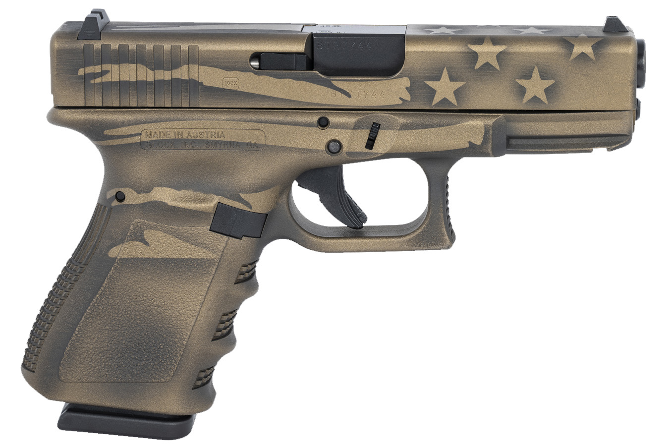 23 40SW COMPACT PISTOL WITH COYOTE BATTLE WORN FLAG CERAKOTE FINISH