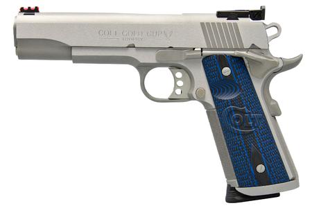 COLT Gold Cup Trophy 1911 38 Super Full-Size Stainless Pistol with 5 Inch Barrel and Blue Checkered G10 Grip