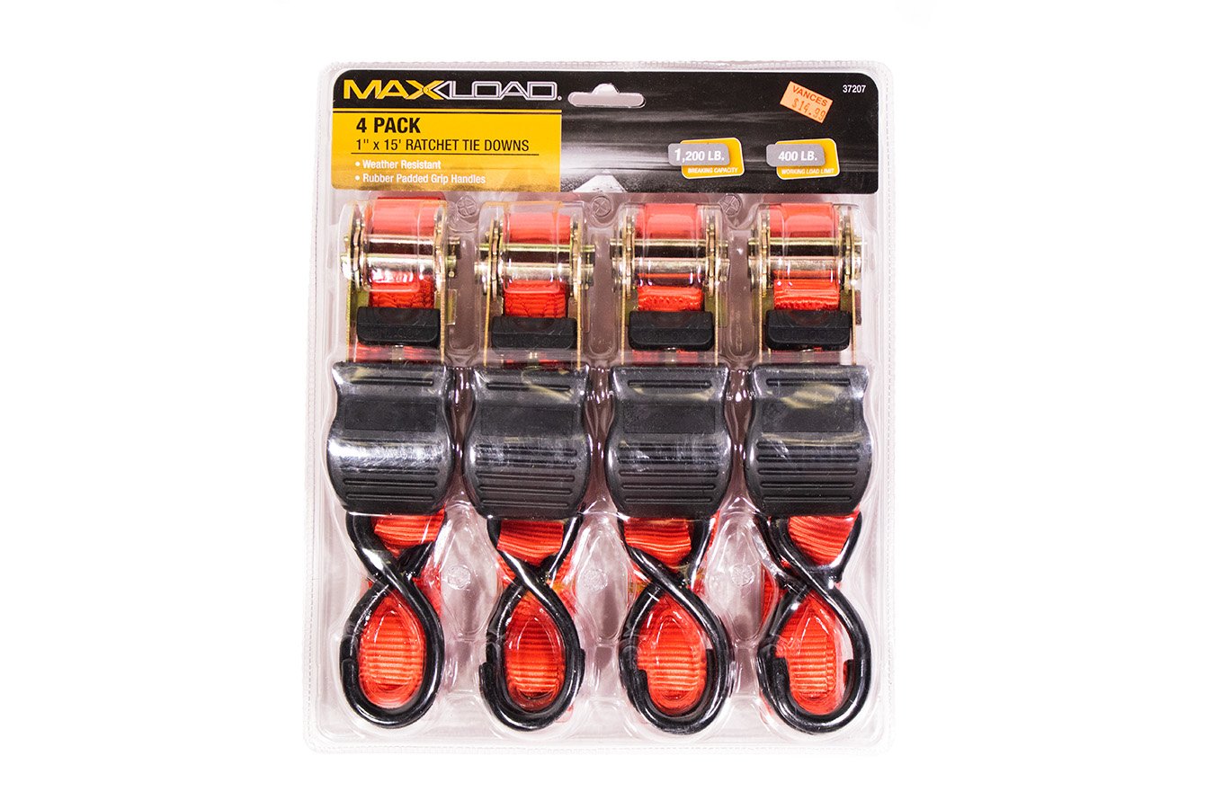 MAXLOAD 4PC 1` X 15` RATCHET TIE DOWN SET 