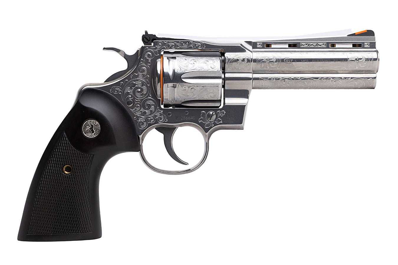 Colt Python 357 Magnum Double-Action Revolver with 4.25 Inch Barrel, Walnut Grips and Engraved Frame
