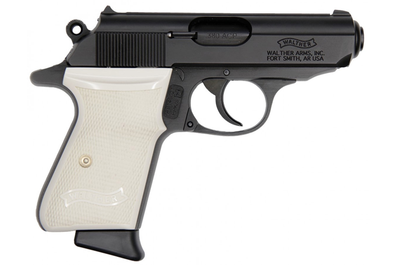 PPK 380 ACP PISTOL WITH BLACK FINISH AND WHITE PEARL GRIPS
