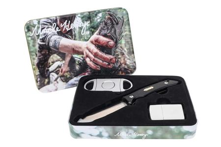BTI LLC Uncle Henry Fixed Blade Knife with Lighter and Cigar Cutter Gift Tin