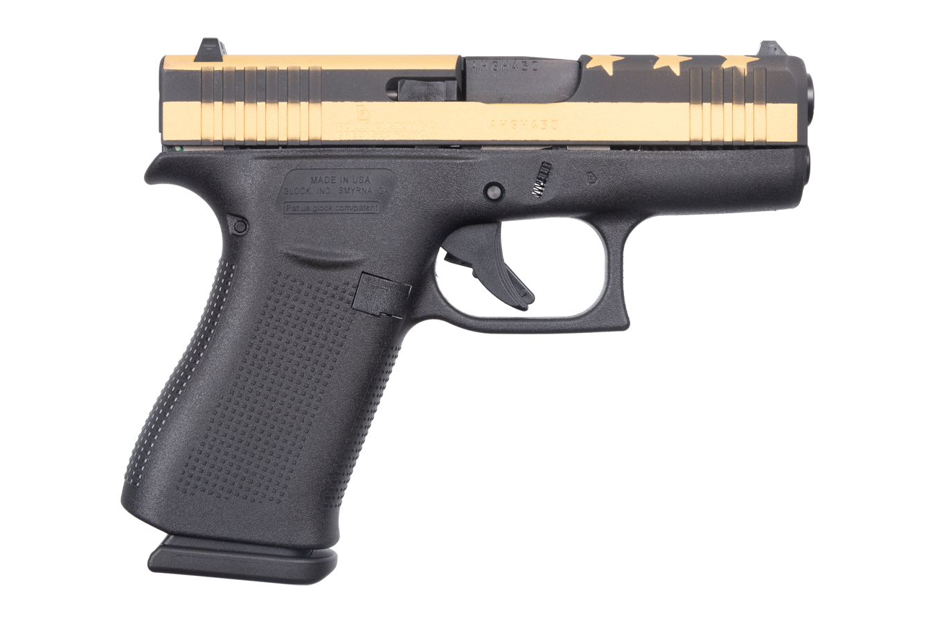 GLOCK 43X 9MM APOLLO CUSTOM BLACK GOLD STARS AND STRIPES 3.41` BARREL