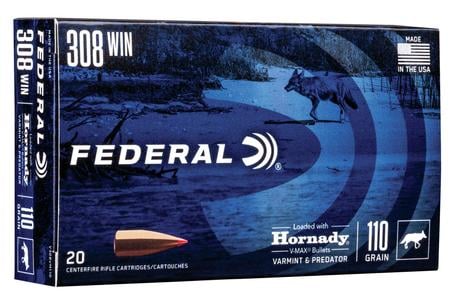 FEDERAL AMMUNITION 308 Win 110 gr Hornady V-Max Varmint and Predator 20/Box