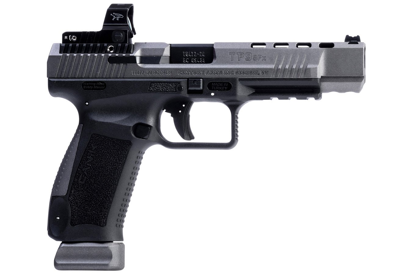 No. 15 Best Selling: CANIK TP9SFX 9MM 5.2` BARREL BLACK FRAME TUNGSTEN GRAY STEEL SLIDE W/HOLSTER  RED DO