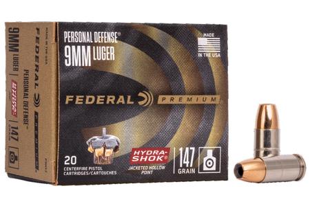 FEDERAL AMMUNITION 9mm Luger 147 gr Hydra-Shok JHP Personal Defense 20/Box