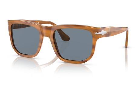 PO3306S SUNGLASSES WITH STRIPED BROWN FRAMES AND LIGHT BLUE LENSES