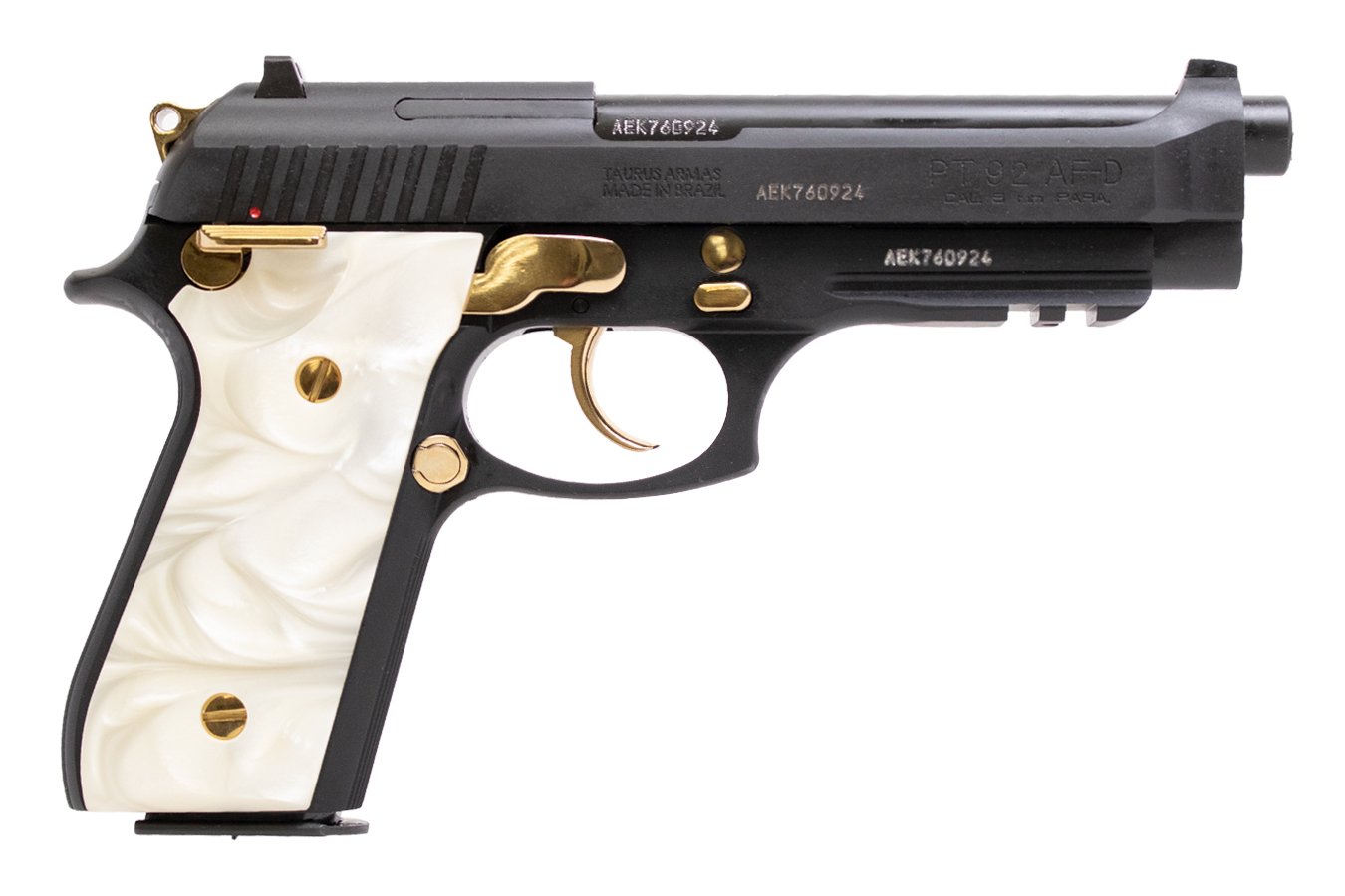 Taurus PT92 9mm Semi-Auto Pistol with White Pearl Grips and Gold Accents