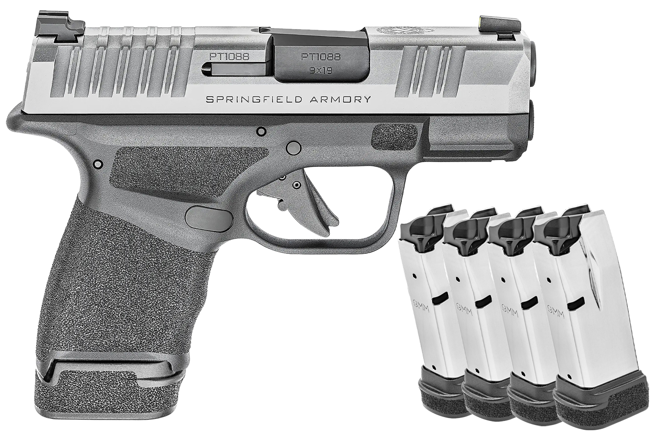 SPRINGFIELD HELLCAT 9MM 3 IN BBL SILVER SLIDE GEARUP 5 MAGS AND CASE