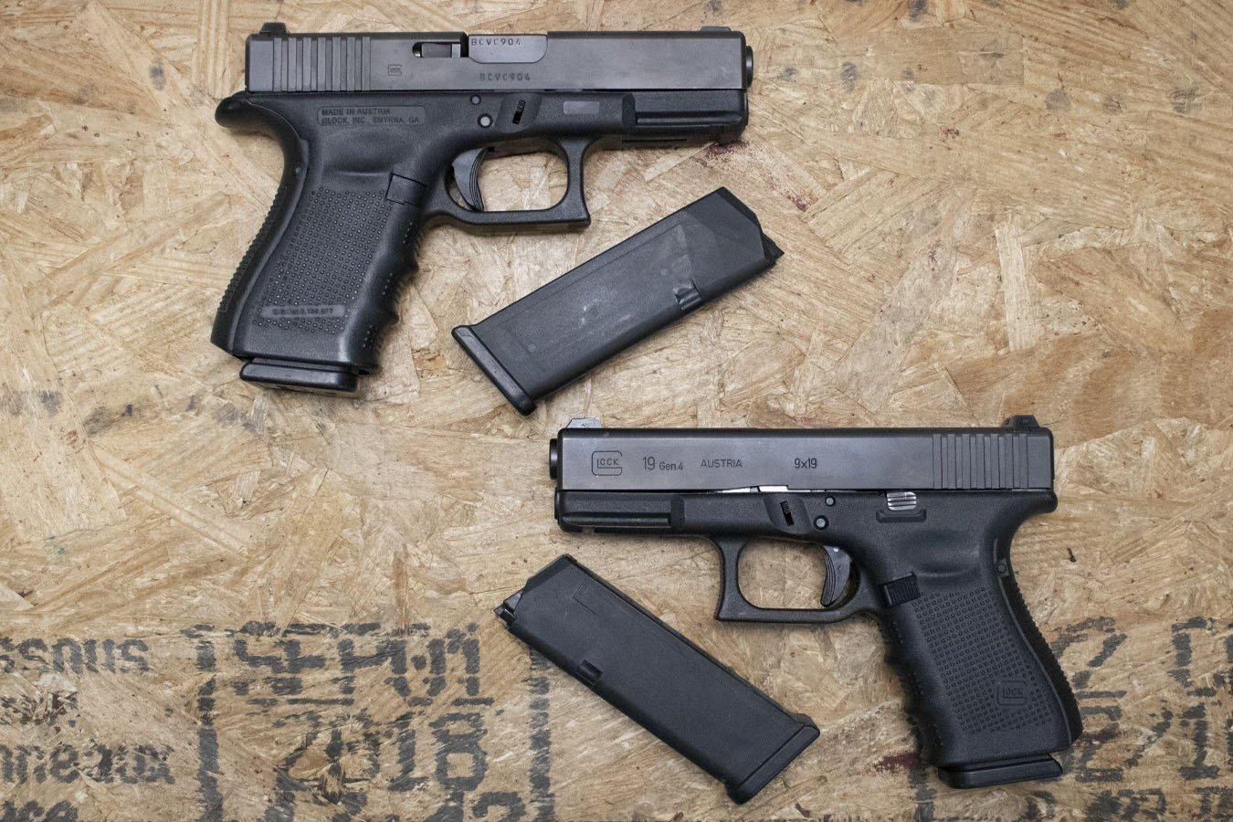Glock 19 Gen4 9mm Police Trade-In Pistols with Night Sights, Two Magazines (Very Good Condition)