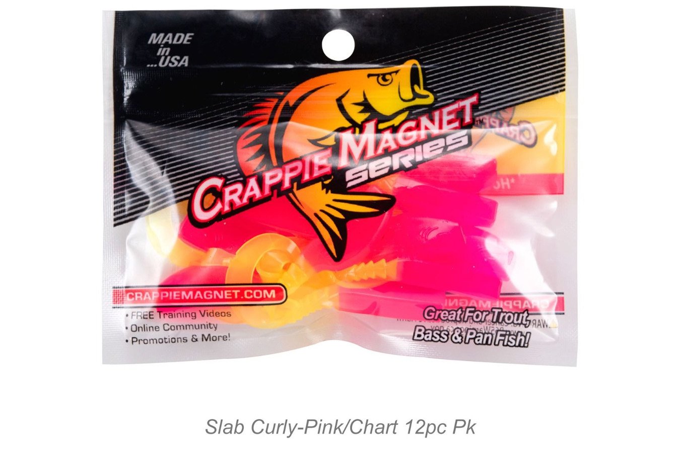 Crappie Magnet Slab Curly 12 Piece Pack Pink - Chartruese