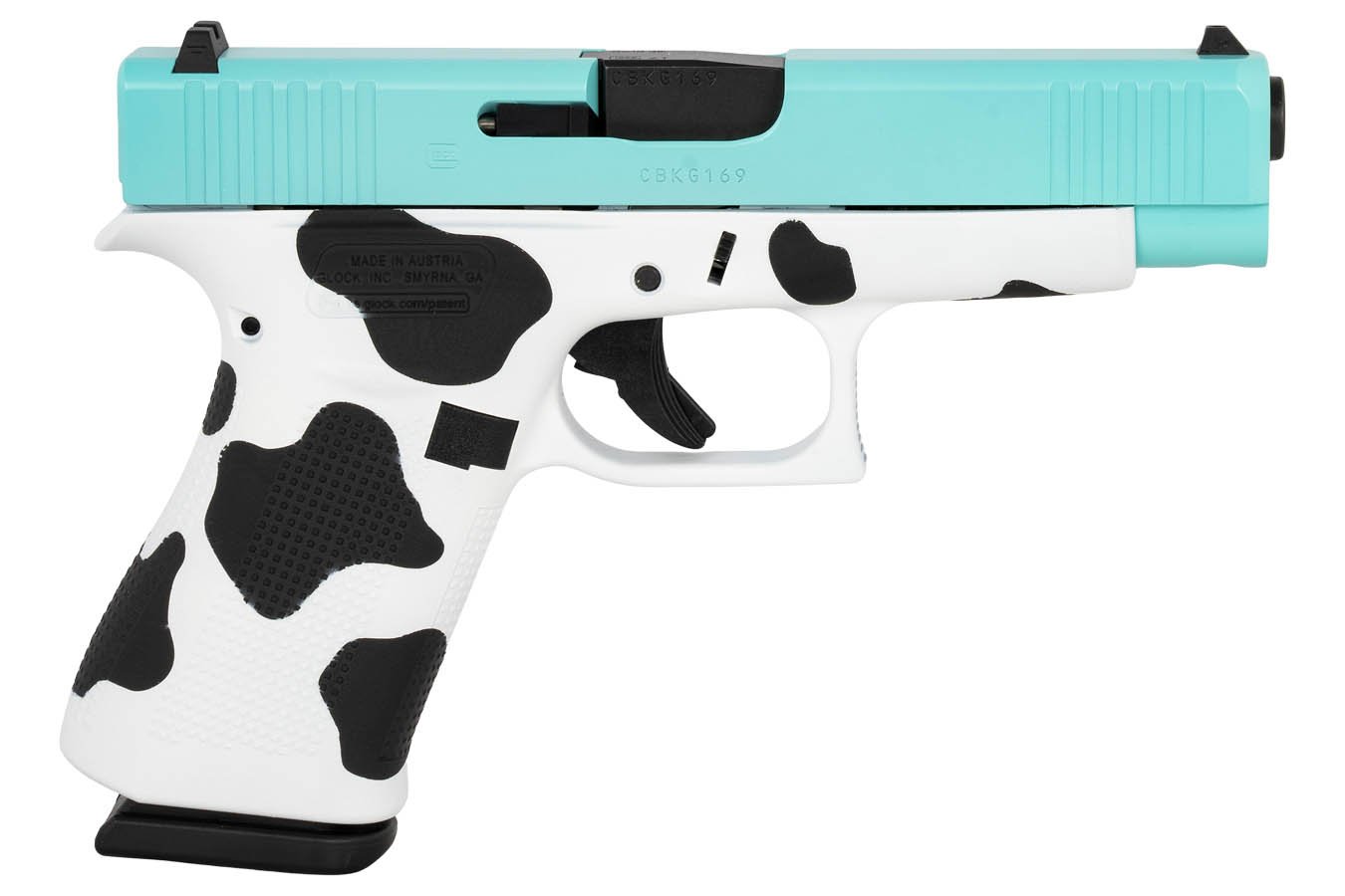 No. 19 Best Selling: GLOCK 48 GEN5 9MM 10+1 17` GMB BARREL TIFFANY BLUE SLIDE AND COW PRINT FRAME