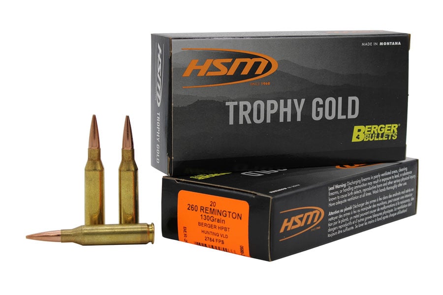 Hsm 260 Remington 130 Grain Berger Hunting VLD Match Trophy Gold Extended Range 20/Box