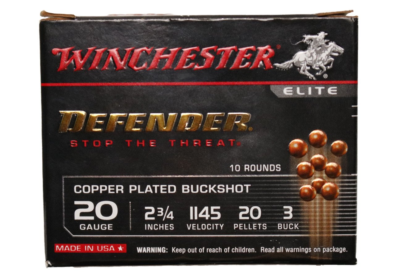 Winchester 20 Gauge 2-3/4 in 20 Pellet 3 Buck Elite Defender Buckshot Police Trade Ammo 10/Box