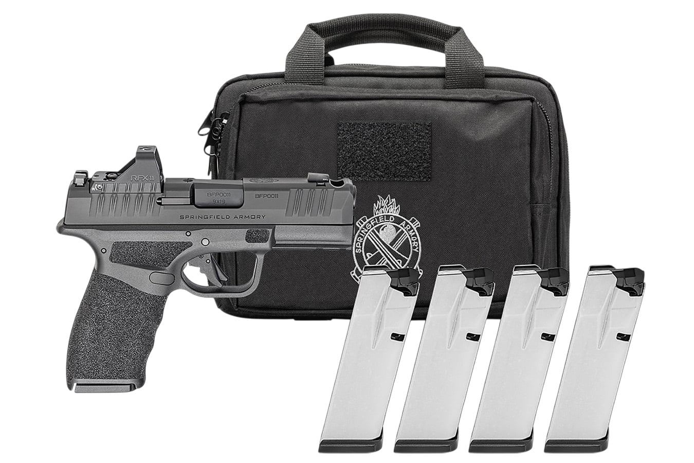 Springfield Hellcat Pro Comp 9mm Gear Pac with Viridian RFX-11 Green Dot, Four Mags and Pistol Bag