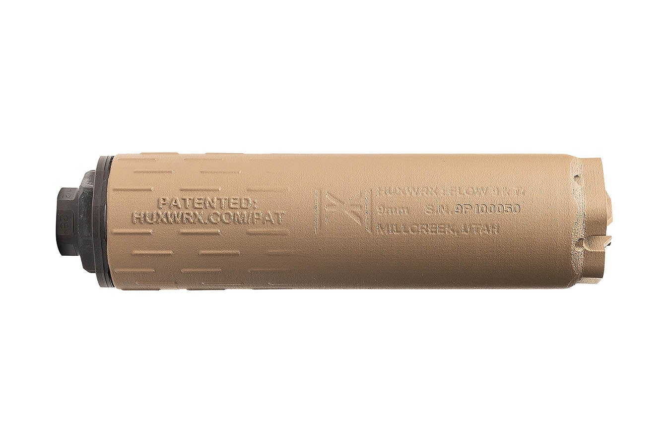 Huxwrx Flow 9K Ti 9mm FDE Suppressor with Flow Through Technology