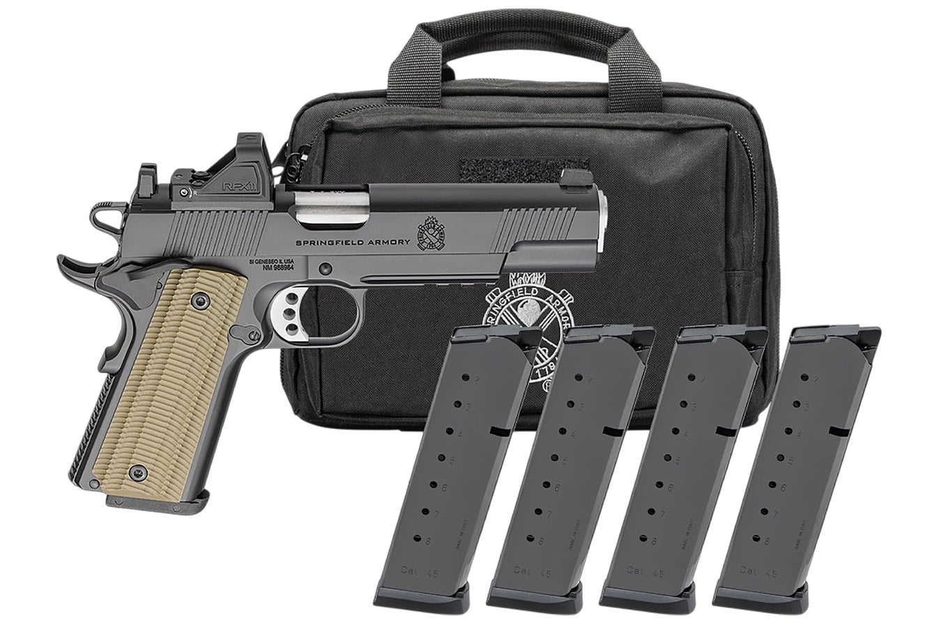 Springfield 1911 Operator AOS 45 ACP Gear Pac with Viridian RFX-11 Green Dot, Four Mags and Pistol Bag