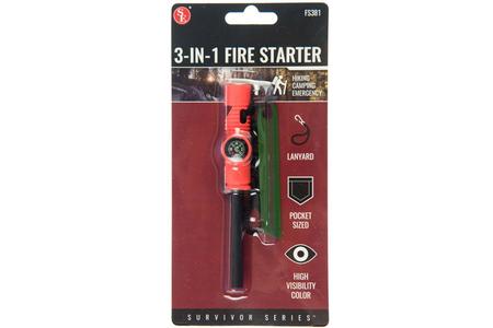 3-IN-1 FLINT FIRE STARTER COMPASS AND WHISTLE