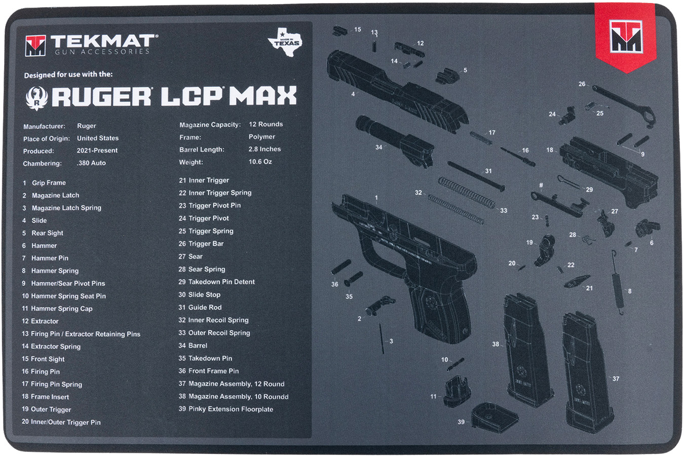 Tekmat Thermoplastic Cleaning Mat 11in x 17in Ruger LCP Parts Diagram