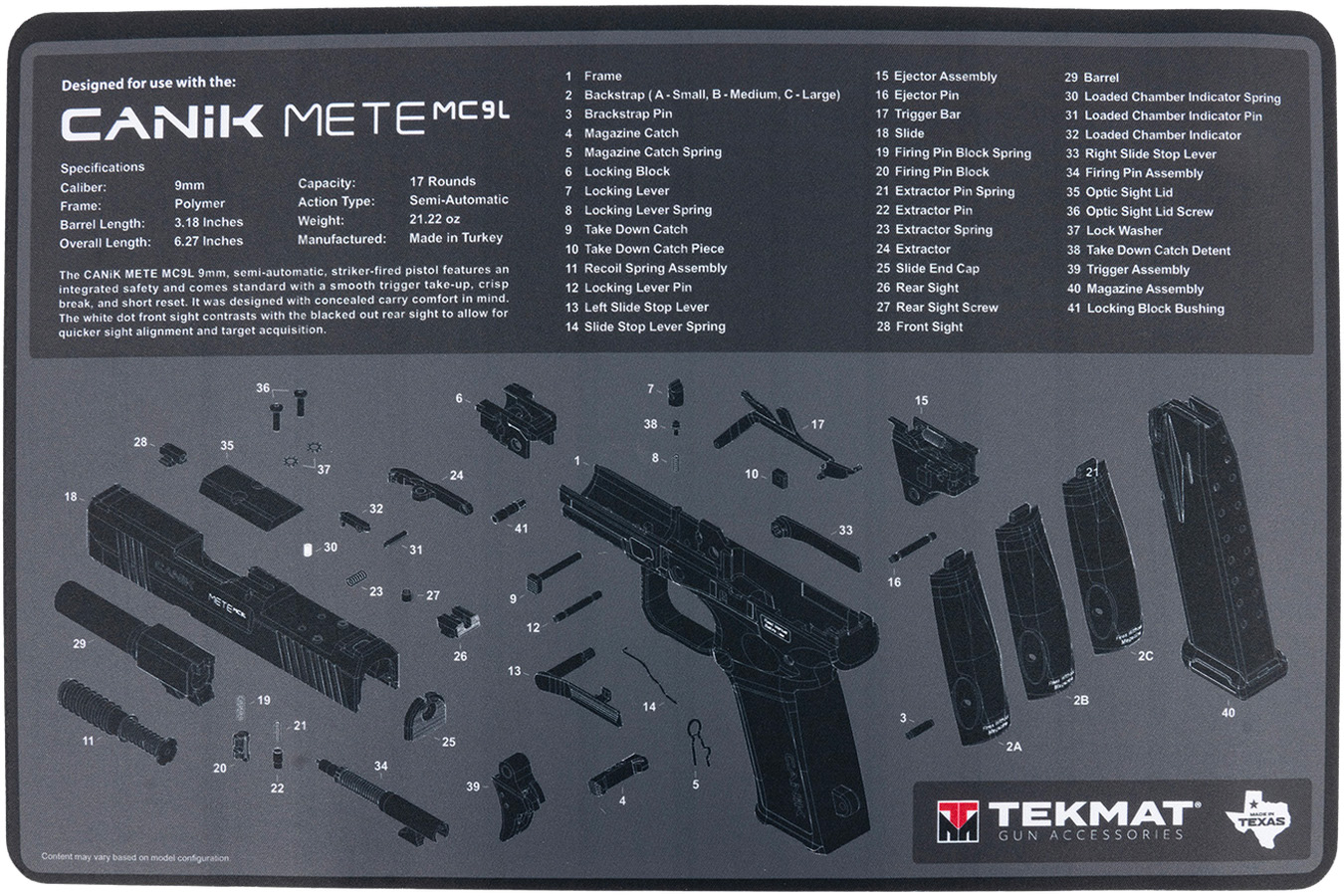Tekmat Thermoplastic Cleaning Mat 11in x 17in Canik MCPL Parts Diagram