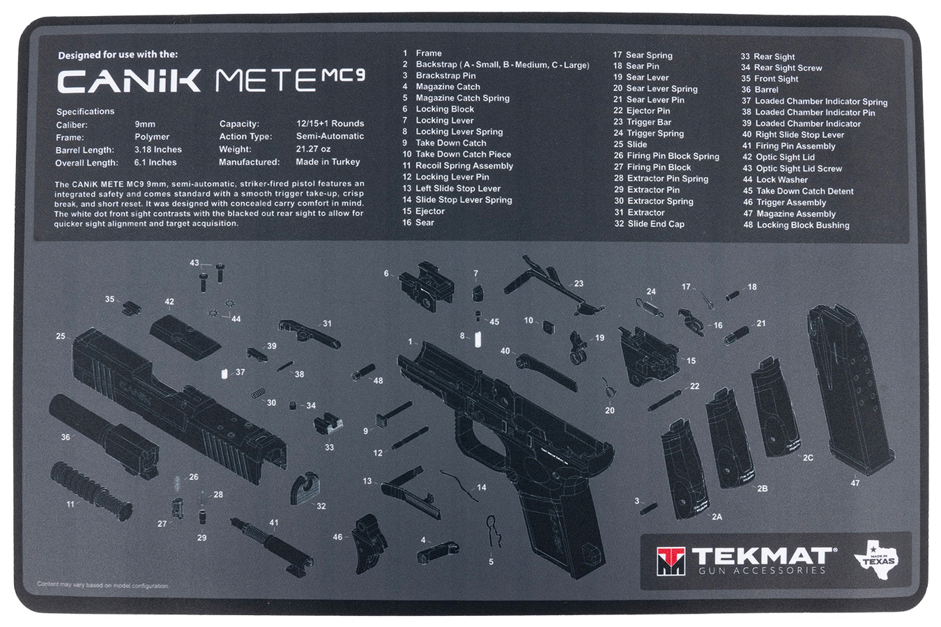 Tekmat Thermoplastic Cleaning Mat 11in x 17in Canik MC9 Parts Diagram