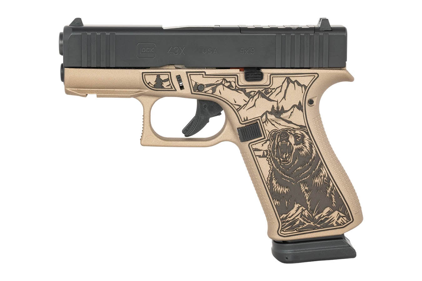 Glock 43x MOS 9mm Optic Ready Pistol with Engraved Bear Wilderness Scene