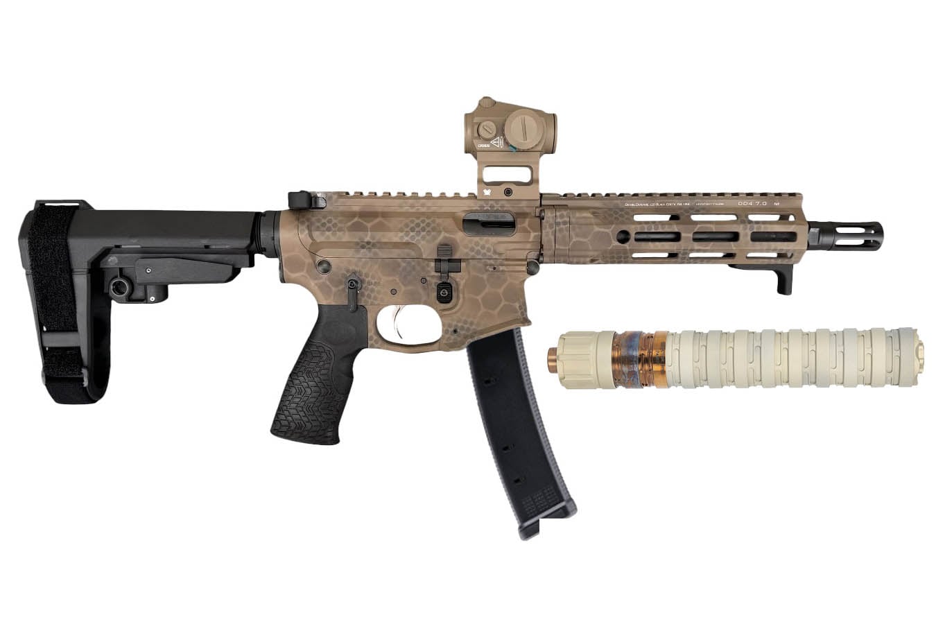 Daniel Defense PCC 9mm ARID Rattlecan Cerakote Pistol with Vortex Crossfire Red Dot and Q ERECTOR9 Suppressor