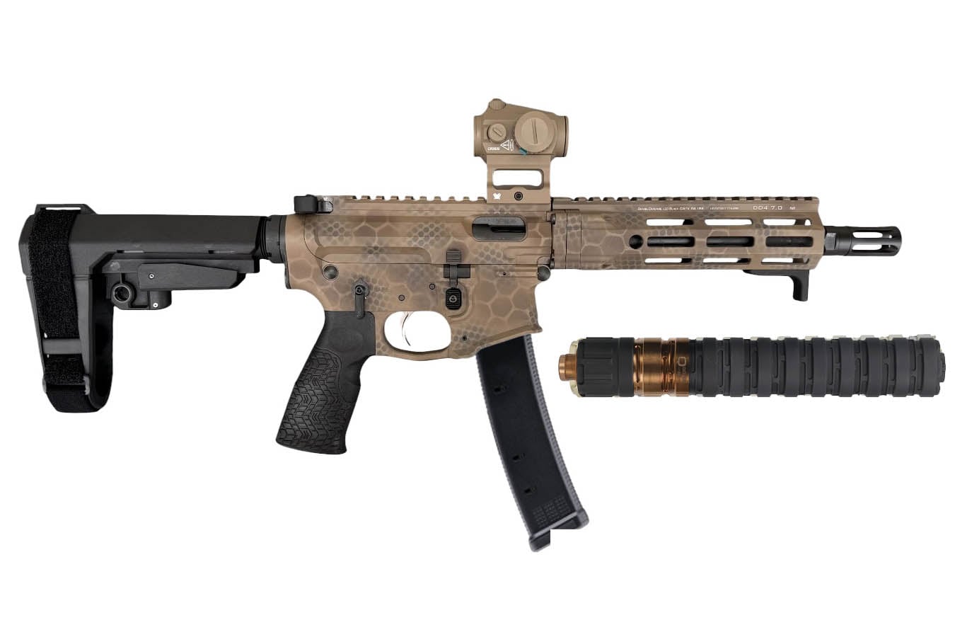 Daniel Defense PCC 9mm AR-Style Pistol with Arid Rattlecan Finish, Vortex Crossfire Red Dot and Black Q Erector Suppressor
