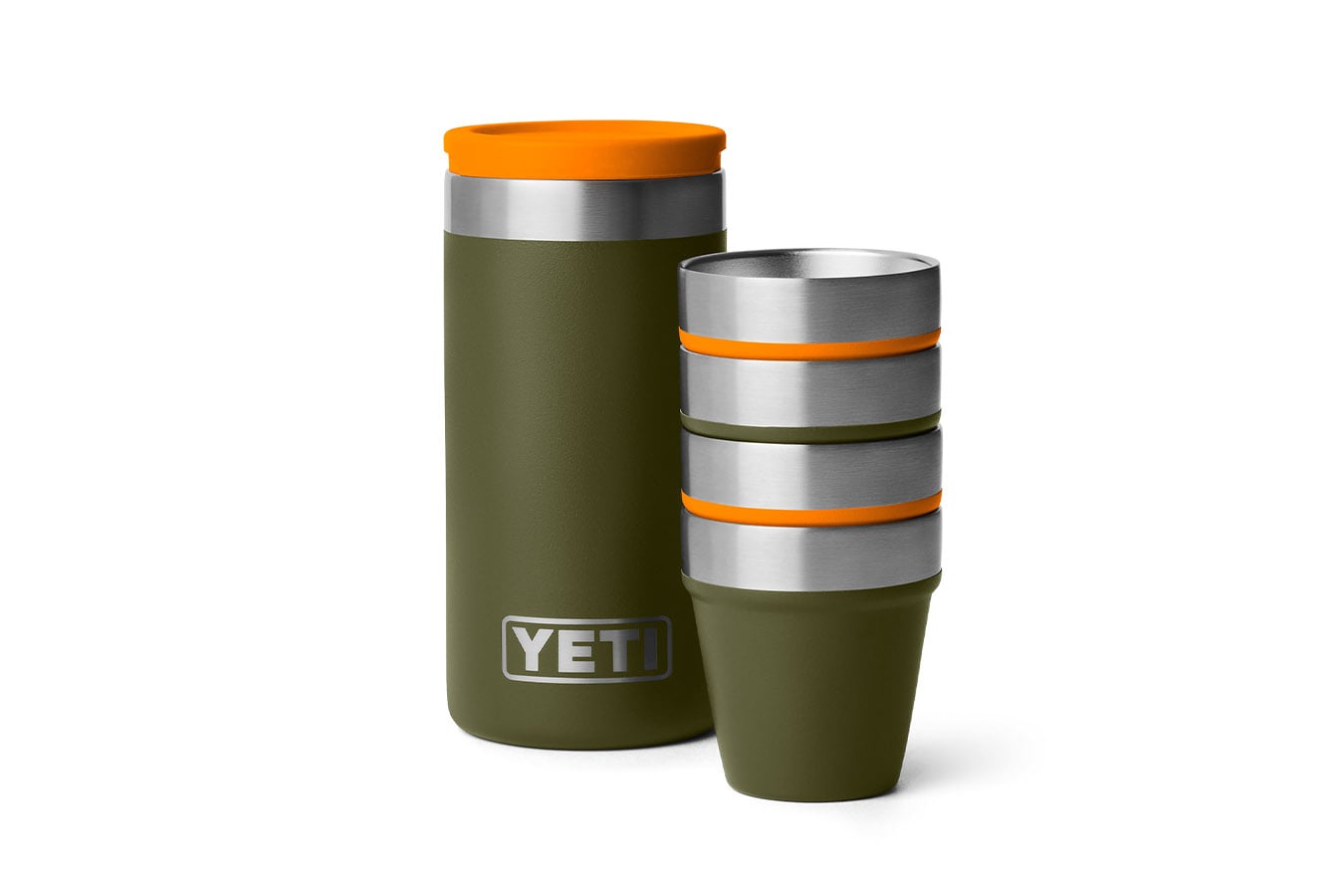 Yeti Coolers Shot Glasses with Carrying Case Olive Green and King Crab Ornage