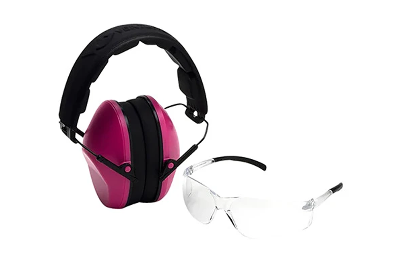 Pyramex Clear Safety Glasses/ Pink Earmuffs Combo 