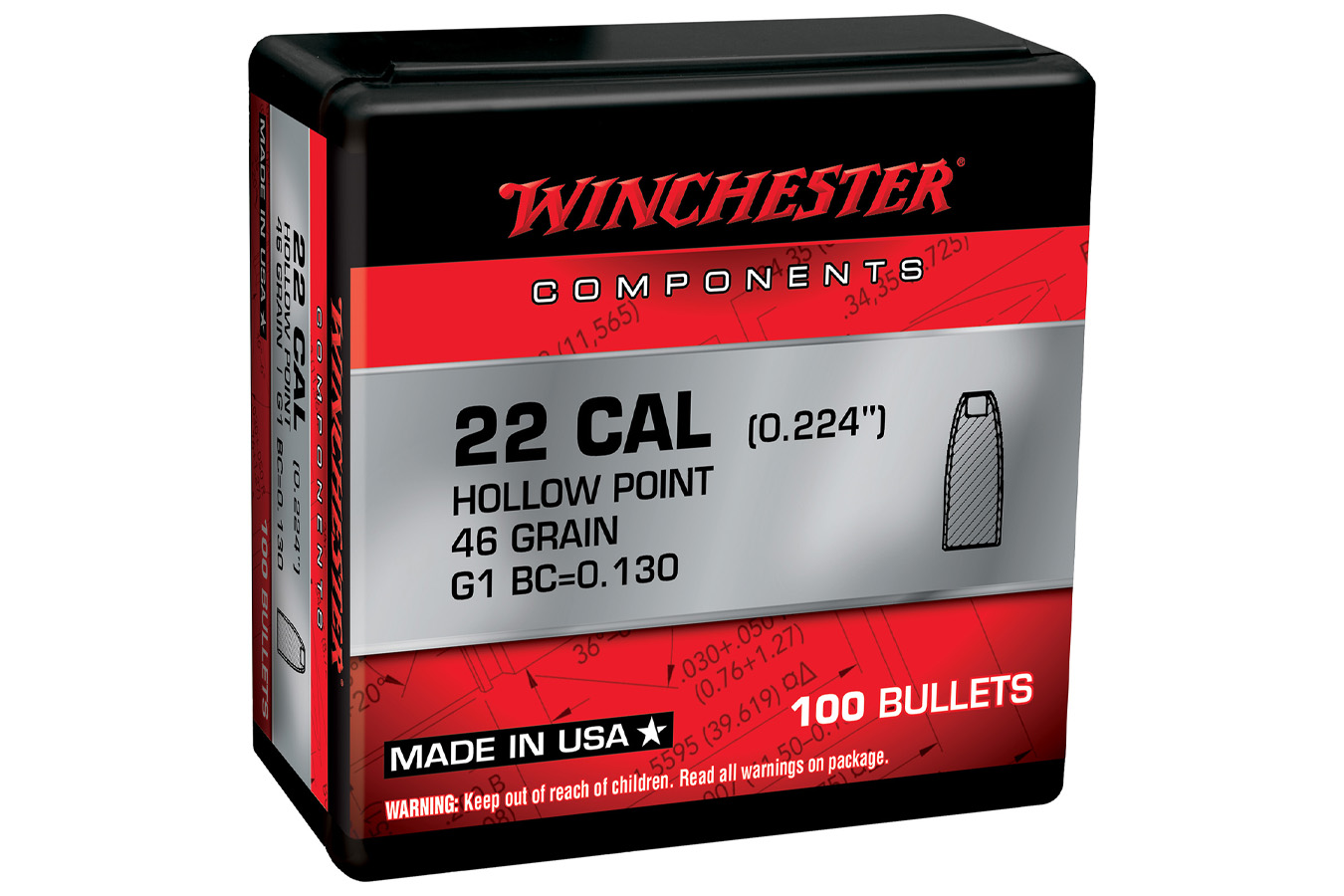 Winchester  22Hornet 46gr Hollow Point 100/Box