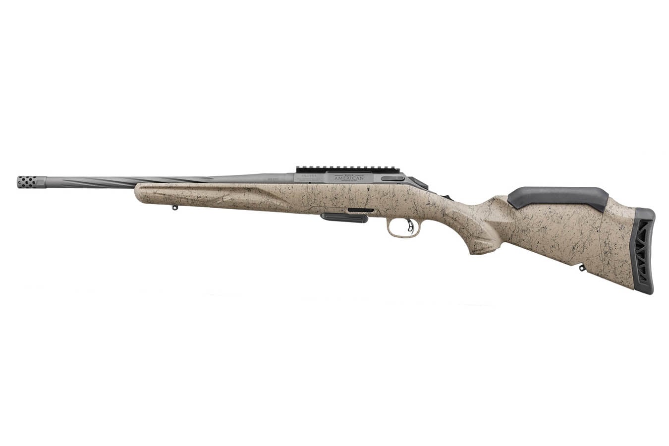 No. 14 Best Selling: RUGER AMERICAN II RANCH 5.56 16.10 THREADED BARREL BLACK SPLATER SYNTHETIC STOCK