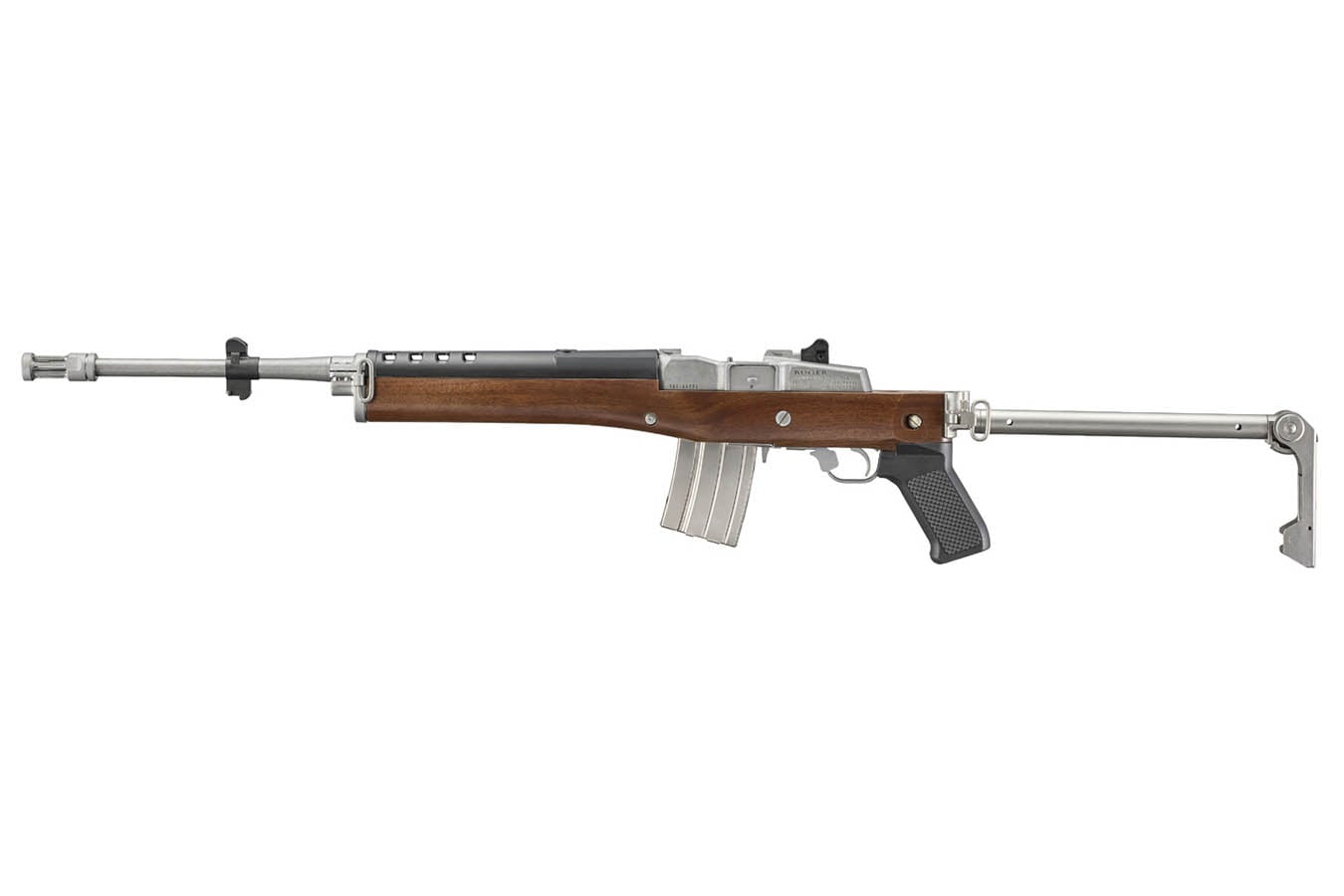 Ruger Mini-14 Tactical 5.56mm Semi-Auto Rifle with Walnut Stock, Stainless Finish and Retro Folding Stock