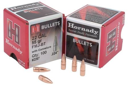 HORNADY 22 Cal .224 55 gr FMJ-BT Reloading Bullets with Cannelure 100/Box