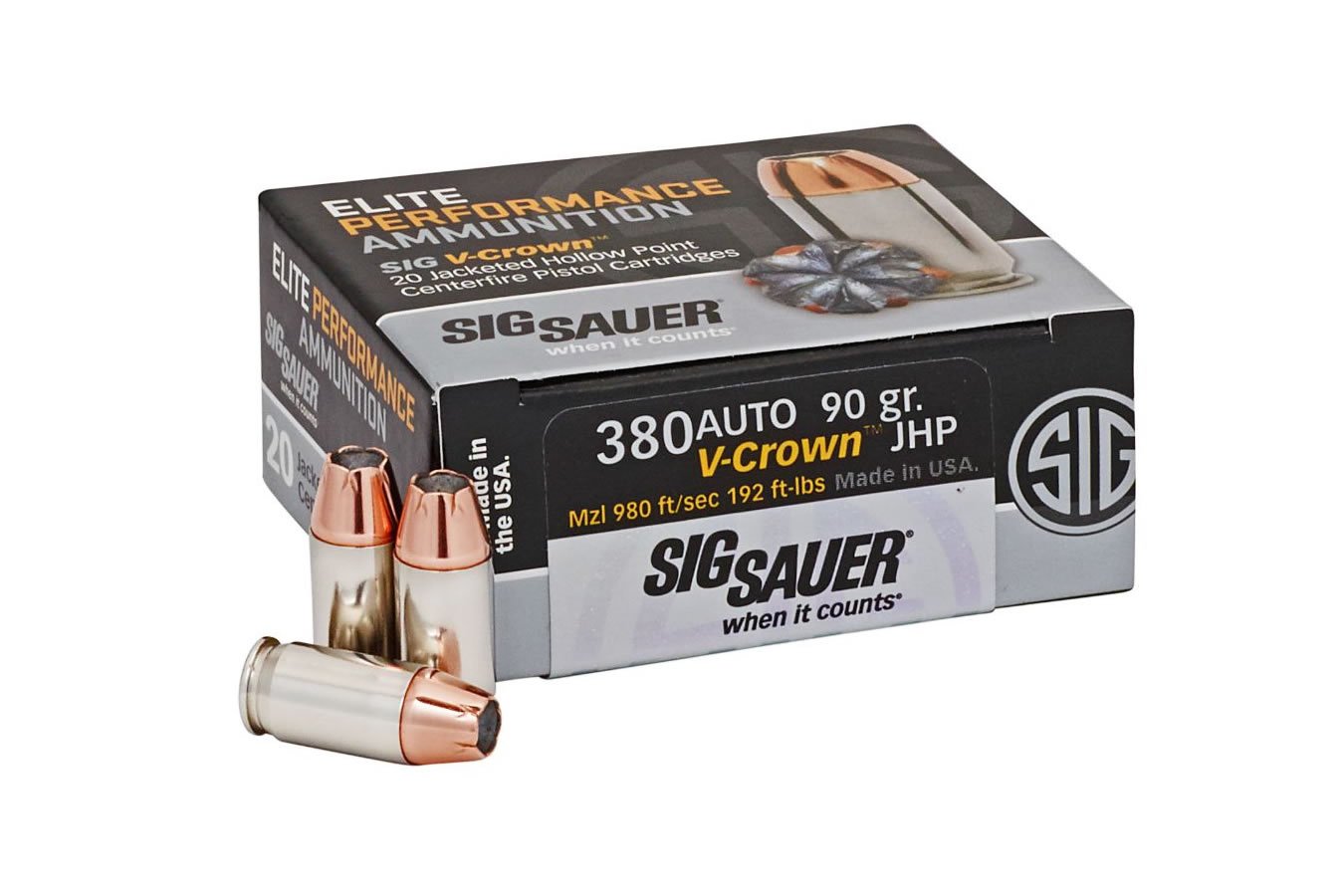 SIG SAUER 380 AUTO 90 GR ELITE V-CROWN JHP