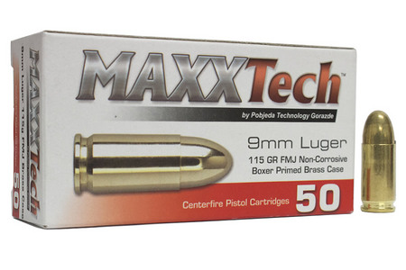 Maxx Tech 9mm Luger 115 gr FMJ Brass Case Target Ammo 50/Box