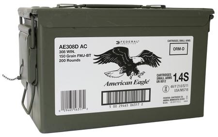 FEDERAL AMMUNITION 308 Win 7.62x51mm 150 gr FMJ Boat-Tail 200 Round Ammo Can