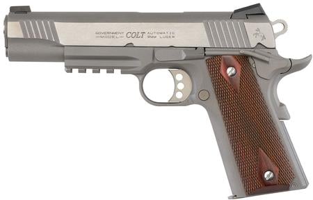 COLT 1911 Stainless 9mm Rail Gun with Diamond Checkered Rosewood Grips (LE)