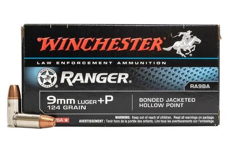 Winchester 9mm Luger +P 124 gr Bonded JHP Ranger Police Trade Ammo 50/Box