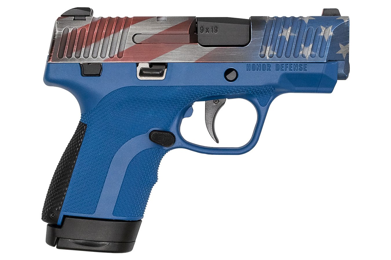 HONOR DEFENSE SUB COMPACT 9MM USA FLAG CERAKOTED 3.8` SLIDE ELECTRIC BLUE GRIP