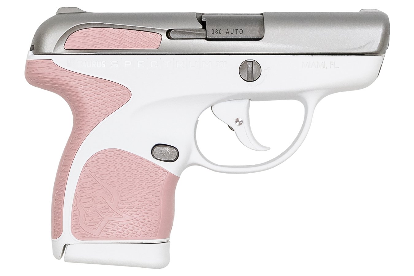 TAURUS SPECTRUM .380 AUTO WHITE/STAINLESS PISTOL WITH PINK GRIPS