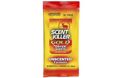 SCENT KILLER GOLD 18-PACK DRYER SHEETS- UNSCENTED