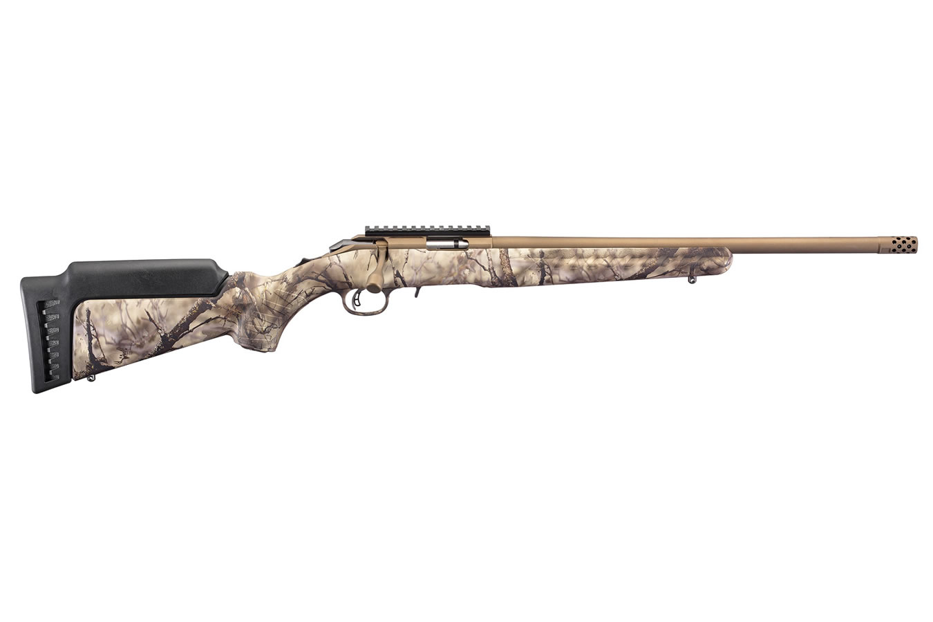 RUGER AMERICAN RIMFIRE 22 MAGNUM 18 IN THREADED BBL BRONZE CERAKOTE GO WILD CAMO STOC