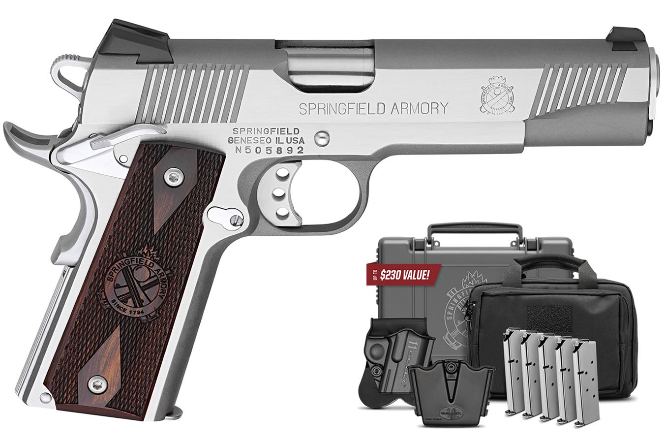 SPRINGFIELD 1911 LOADED 45 ACP 5 IN BBL SS GEAR UP PACKAGE THREE DOT COMBAT SIGHTS